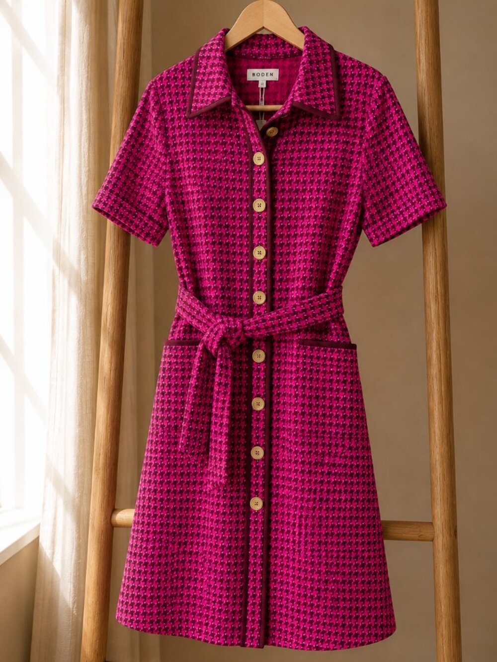 Boden Loren Pink Tweed Houndstooth Dress NWT 8L Belted Pockets